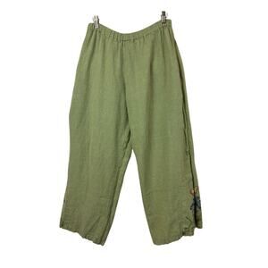 Vintage 90's Bluefish Green Linen  Painted Hem Pants Made USA ONE SIZE